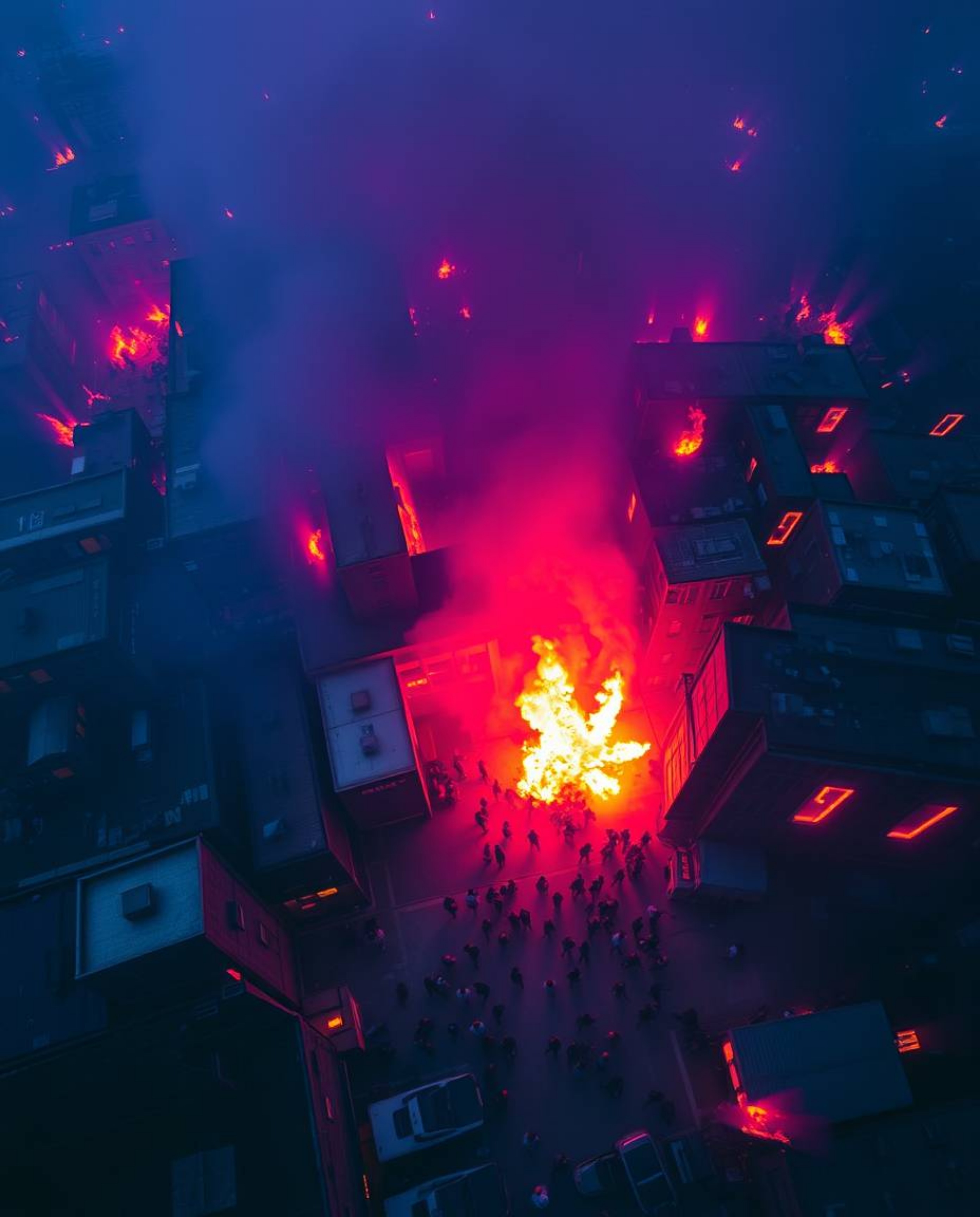 Witness the breathtaking yet terrifying spectacle of a city engulfed in flames from a bird's-eye perspective. Deep ultraviole