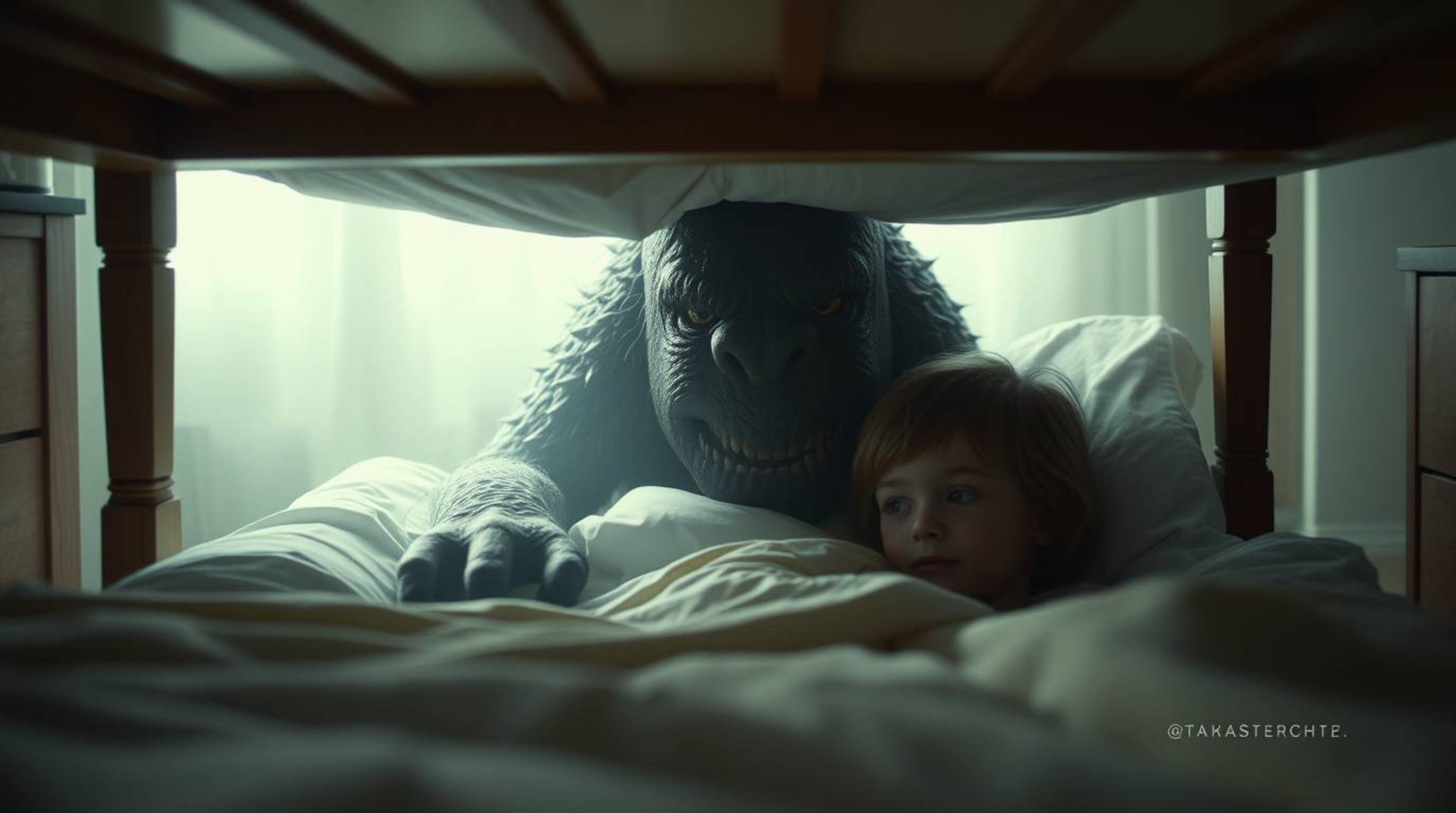 A heartwarming image depicts an unlikely friendship between a child and a monster hiding under the bed.  Soft focus and muted