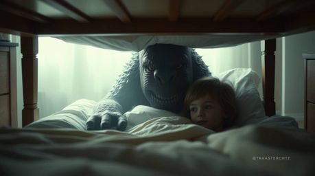 A heartwarming image depicts an unlikely friendship between a child and a monster hiding under the bed.  Soft focus and muted