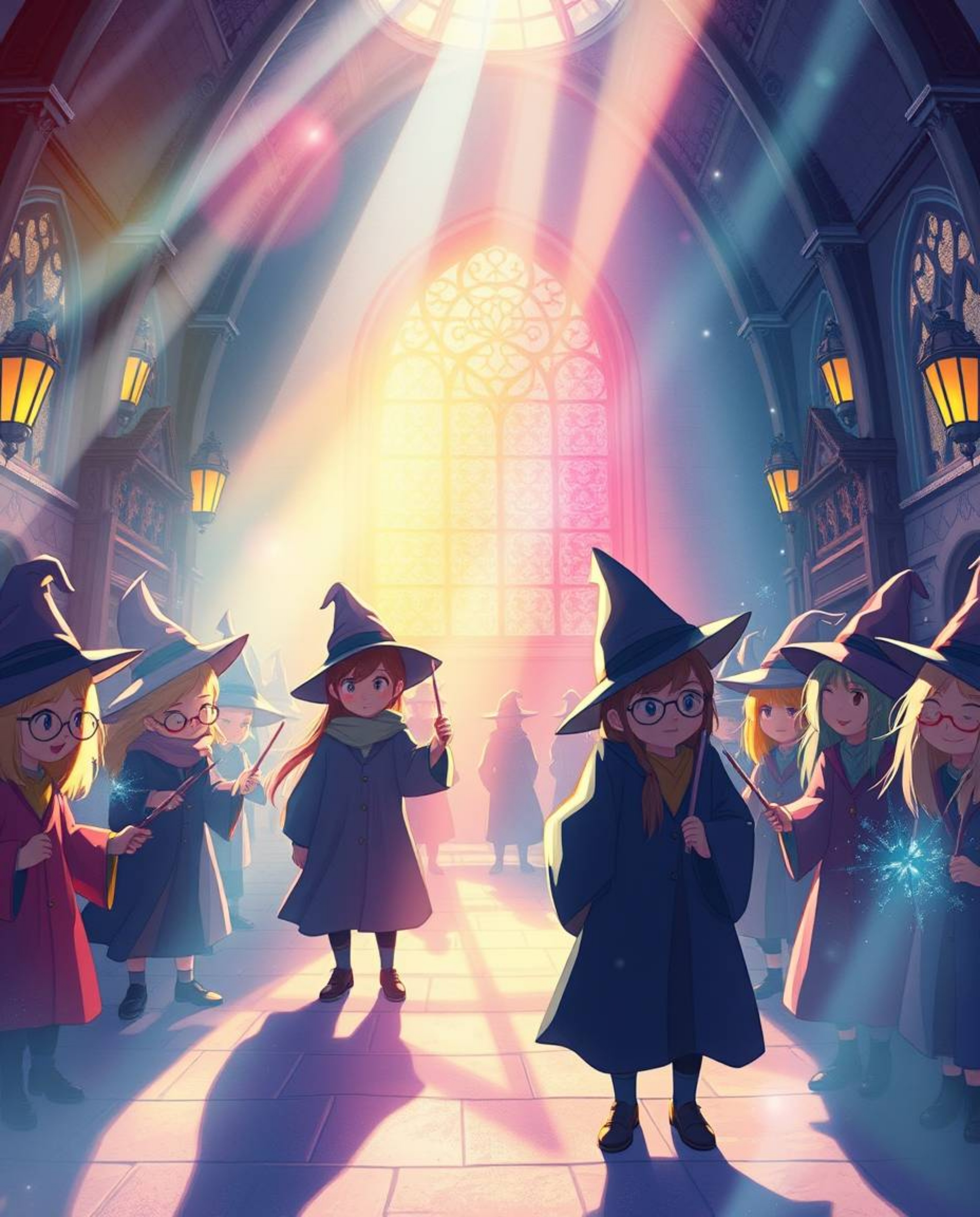 Immerse yourself in an enchanting illustration of a magical school teeming with young wizards. Bathed in a bright lens flare,