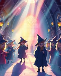 Immerse yourself in an enchanting illustration of a magical school teeming with young wizards. Bathed in a bright lens flare,