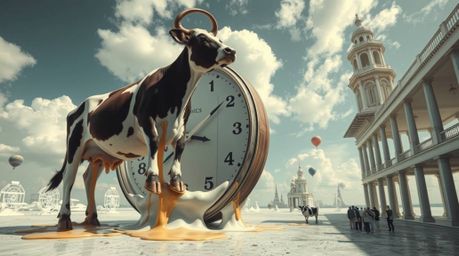 Explore a surreal dreamscape brought to life with melting clocks and floating cows, captured in stunning architectural color 