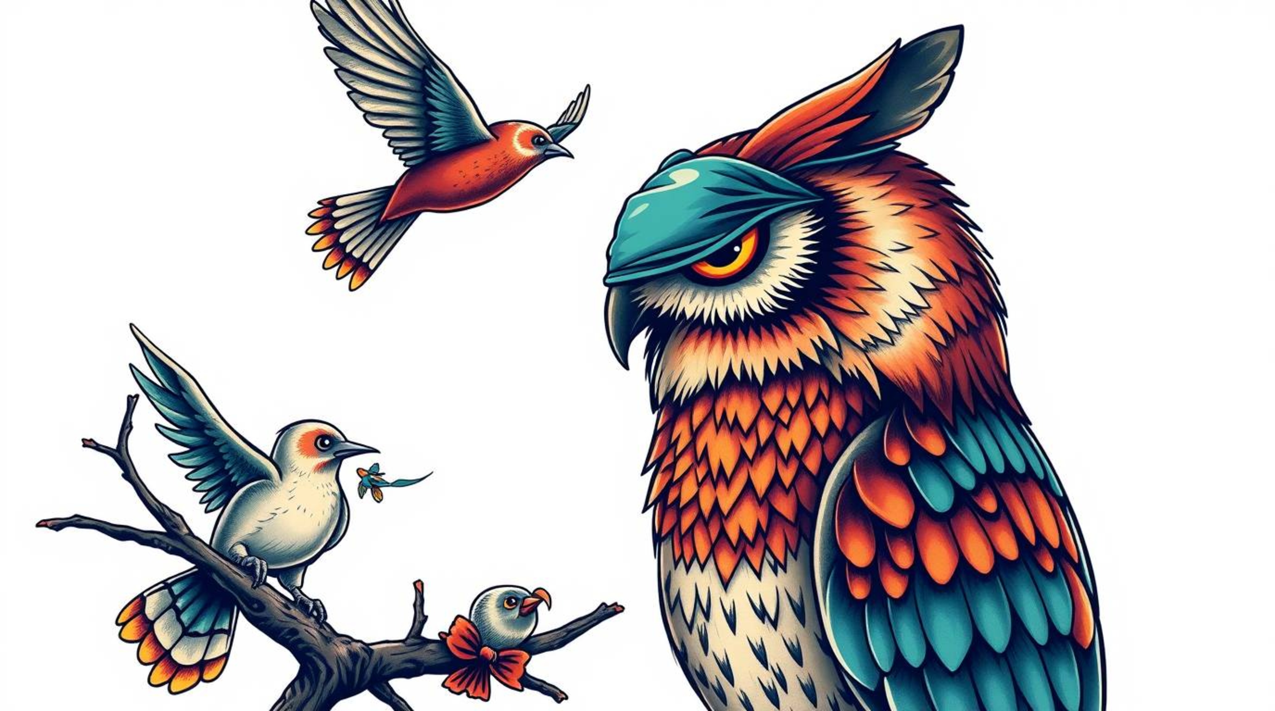 This art print features a captivating image of a Pixar-style blind owl, gazing into the wind while teaching birds to fly. The