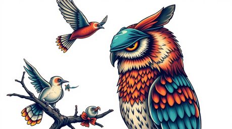 This art print features a captivating image of a Pixar-style blind owl, gazing into the wind while teaching birds to fly. The