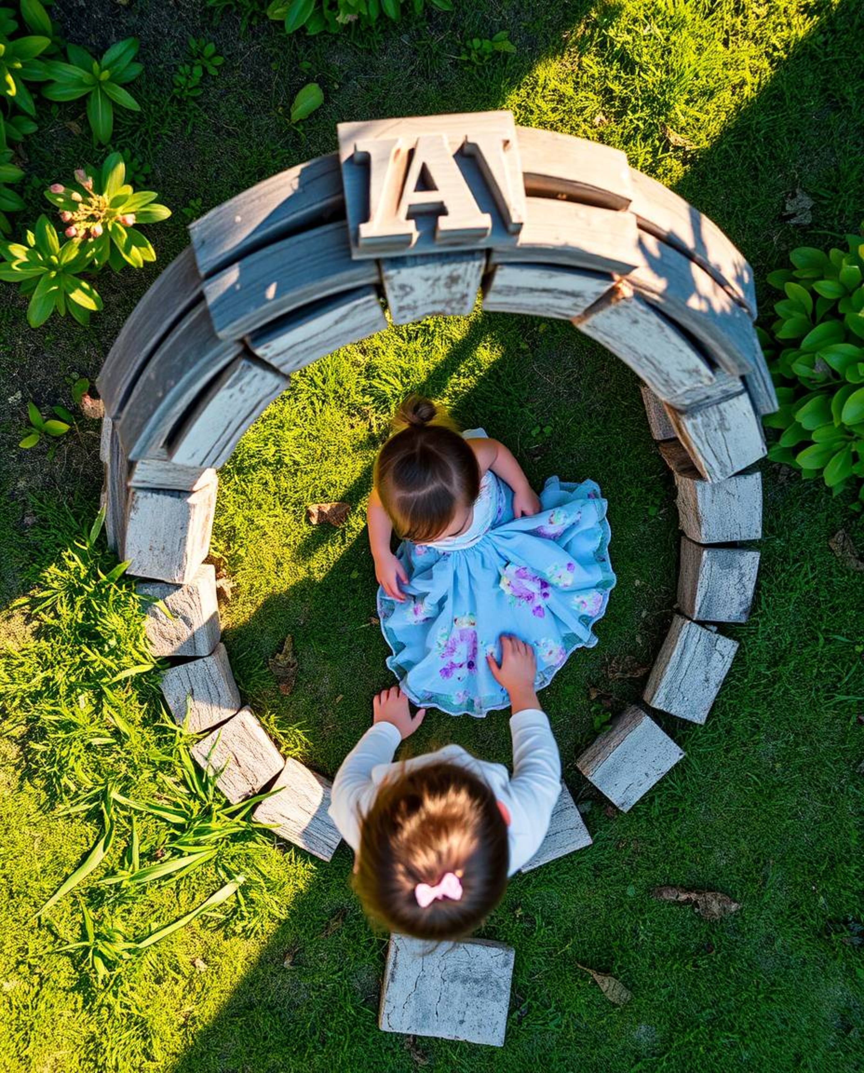 A captivating overhead view captures a child's enchanting discovery of a magical portal shimmering with iridescent reflection