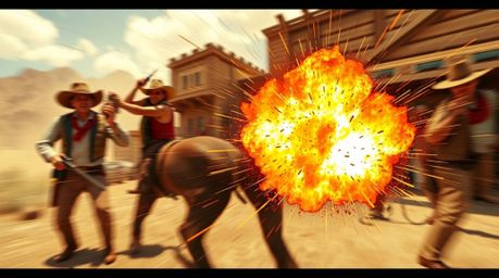 Witness a dynamic and motion-blurred depiction of a classic exploding TNT gag in the Wild West. This vibrant artwork captures