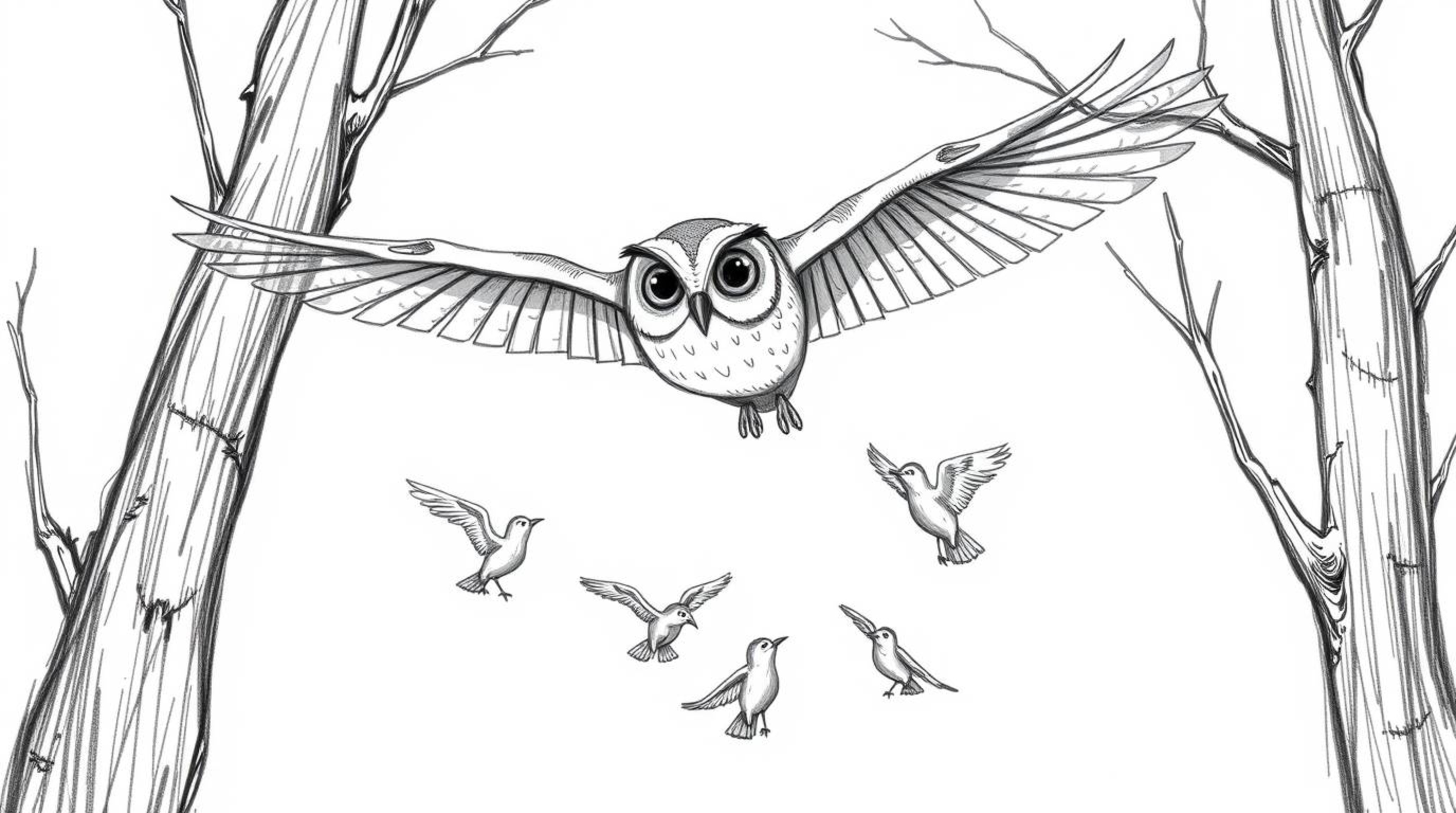 A heartwarming scene depicts a blind owl, rendered in a charming, hand-drawn Pixar style sketch, gracefully gliding between t