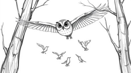 A heartwarming scene depicts a blind owl, rendered in a charming, hand-drawn Pixar style sketch, gracefully gliding between t