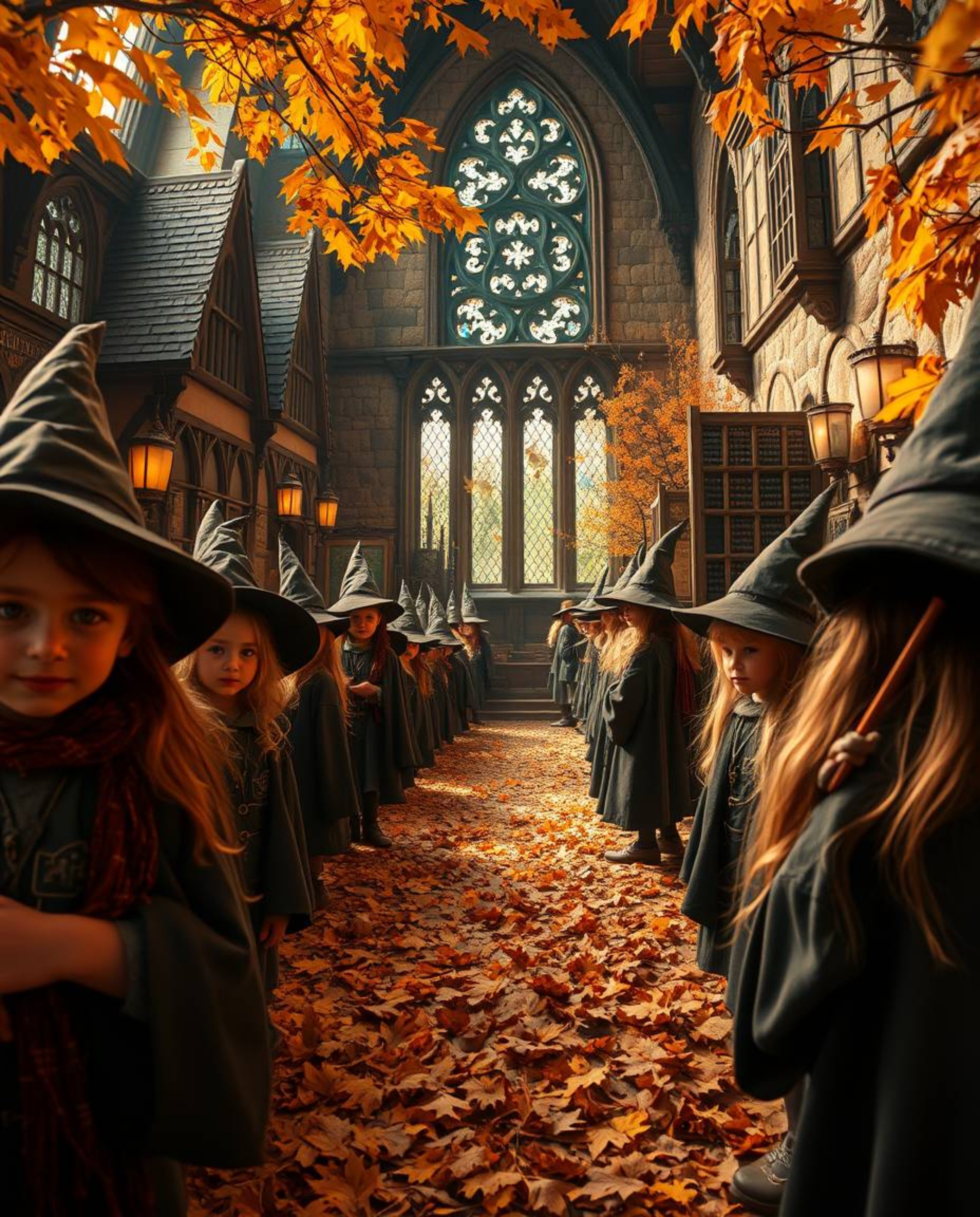 Experience the enchanting world of a magical school teeming with young wizards, captured in a tight close-up shot showcasing