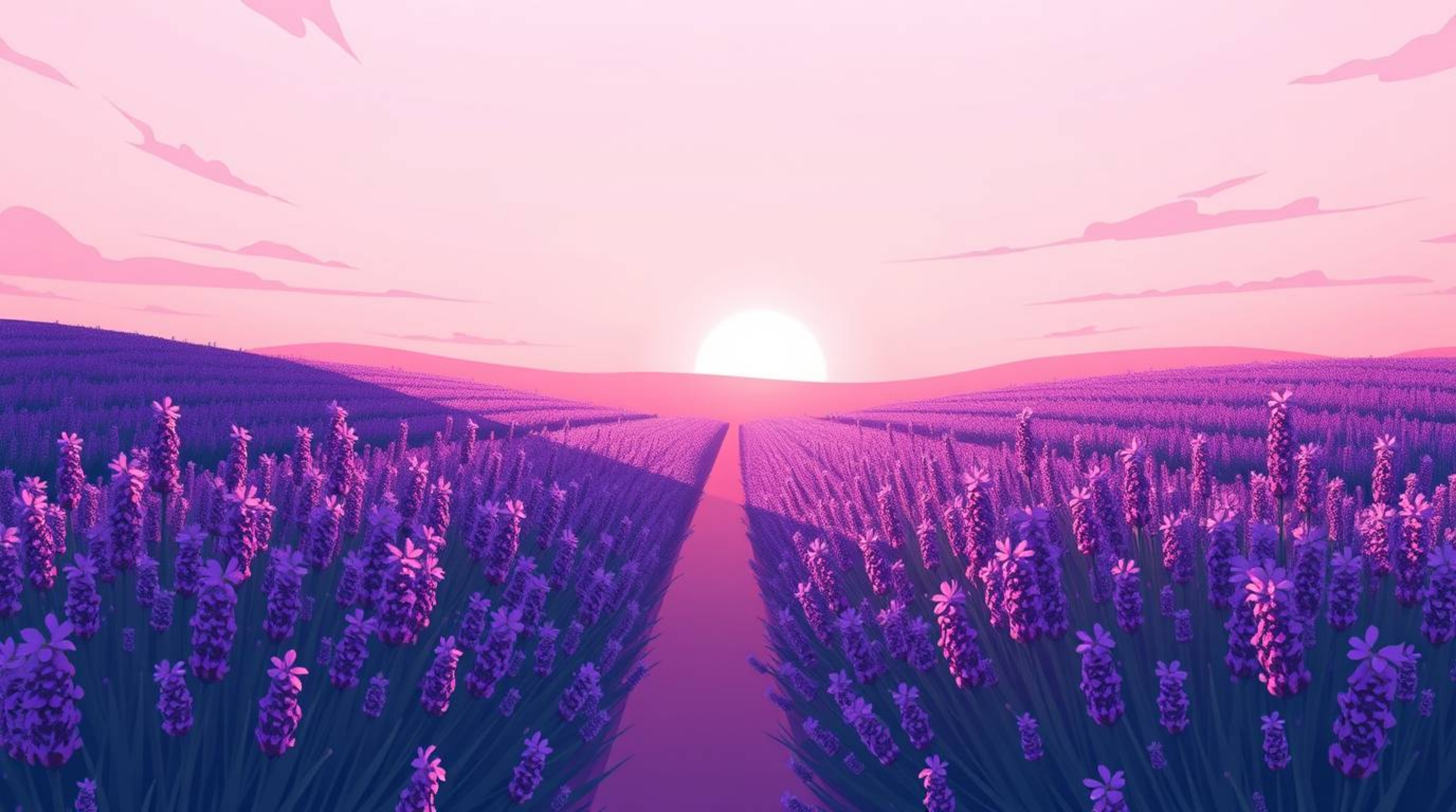 This modern flat design illustration features a distinct split composition showcasing a lavender field bathed in the warm glo