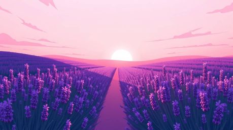 This modern flat design illustration features a distinct split composition showcasing a lavender field bathed in the warm glo