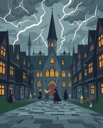 Explore a magical school rendered in a modern flat design style, featuring young wizards amidst intense, dramatic weather. St