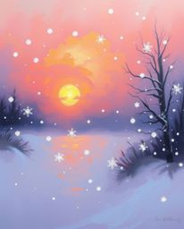 A classic oil painting captures the soft, dreamy atmosphere of snowflakes falling during a vibrant sunset. The scene is envel