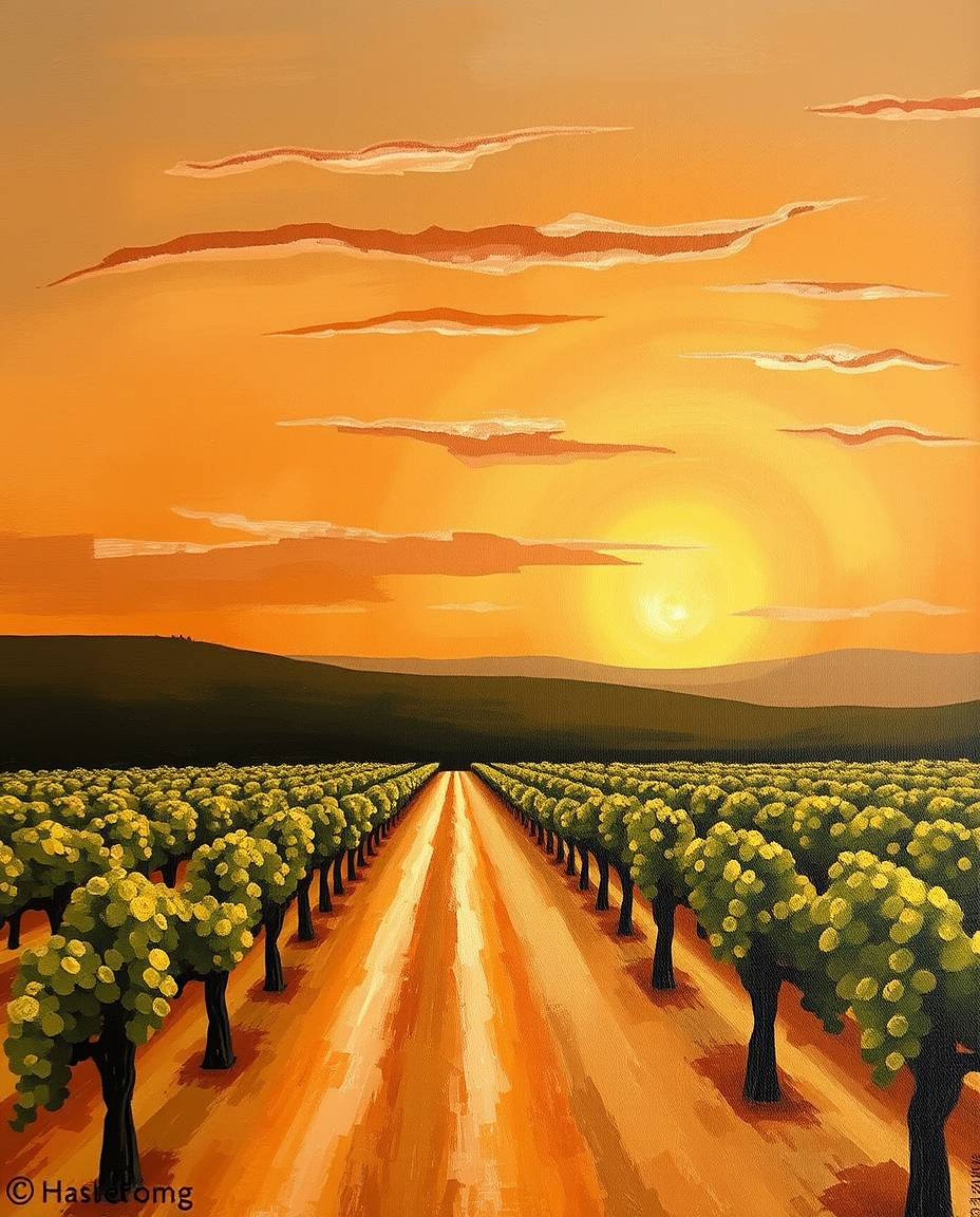 This exquisite painting captures the serene beauty of a sunset over a vineyard, rendered in a palette of natural earth tones.
