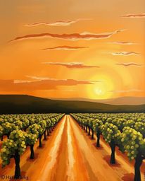 This exquisite painting captures the serene beauty of a sunset over a vineyard, rendered in a palette of natural earth tones.
