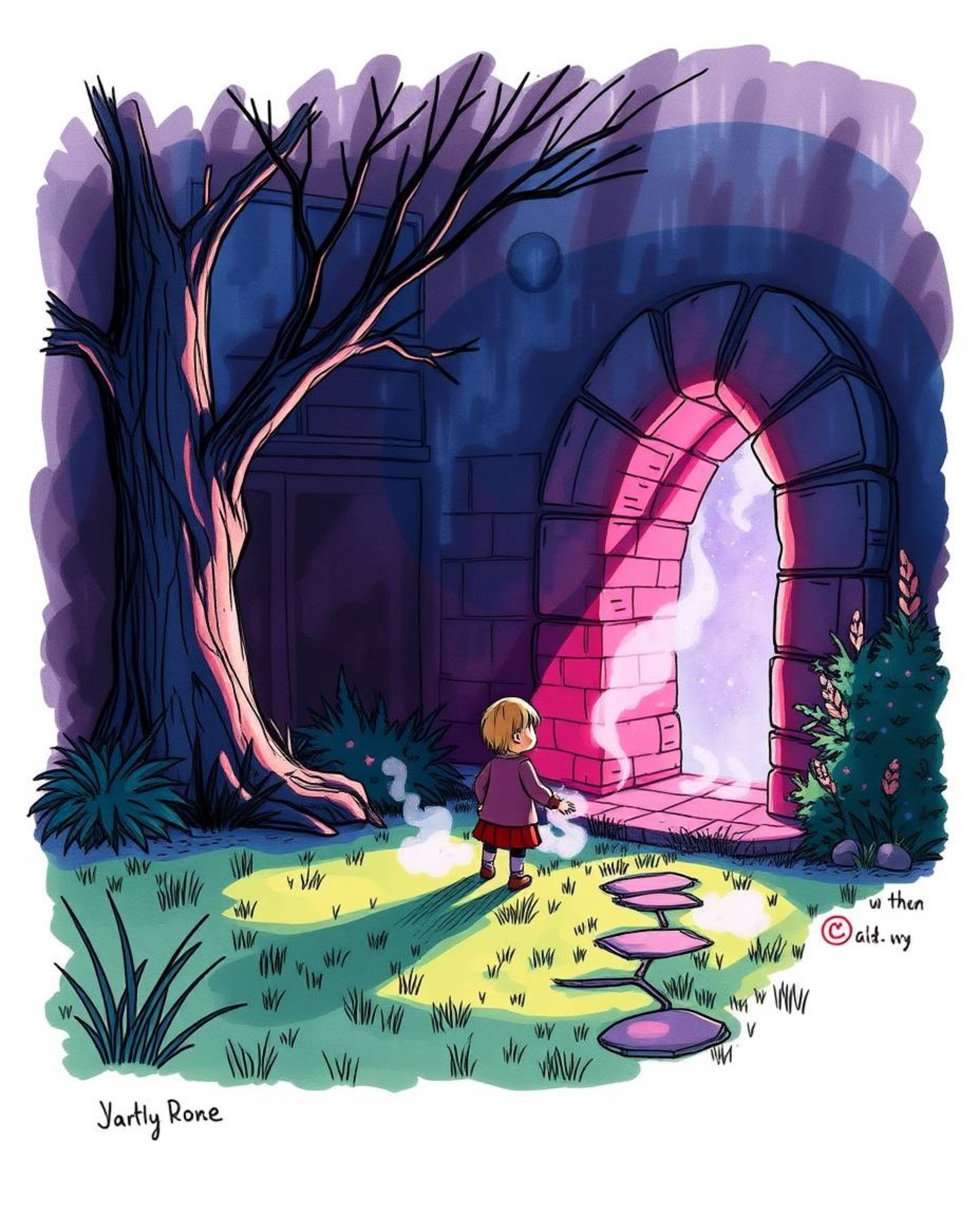 A captivating hand-drawn sketchnote depicts a child's enchanting discovery: a magical portal shimmering in their backyard.  I
