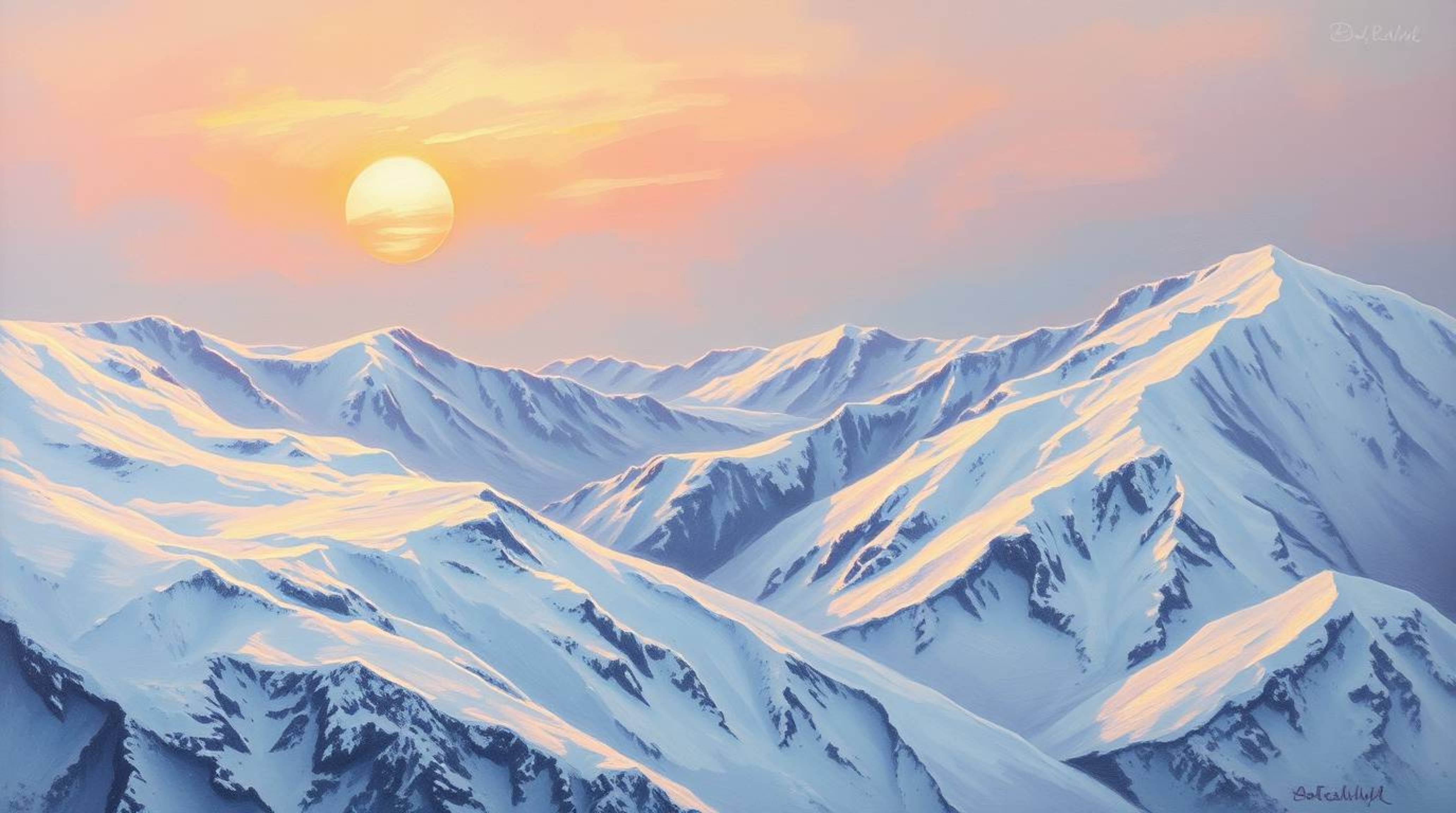 A classic oil painting depicting snow-covered mountains illuminated by a pastel sunset.  The artwork features rich textures, 