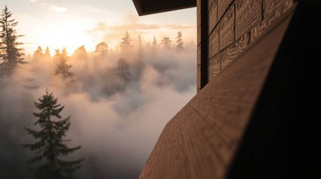 A stunning architectural close-up capturing the ethereal beauty of mist rising from a forest during golden hour. The image sh
