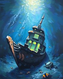 This captivating acrylic painting portrays a graceful and elegant shipwreck illuminated deep underwater. The artist utilizes 