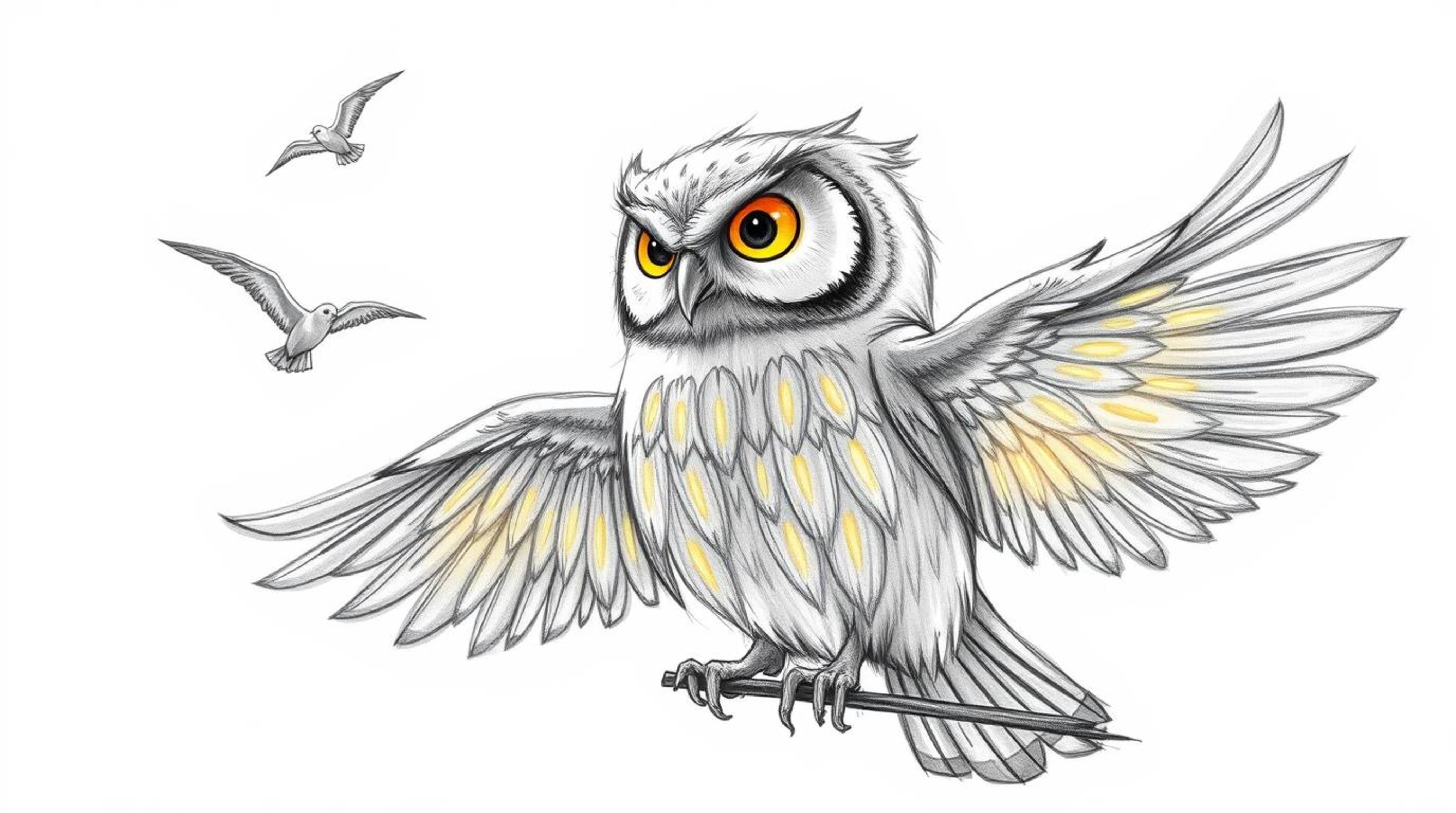 A heartwarming, hand-drawn sketch in the Pixar style depicting a blind owl with luminous, glowing feathers bathed in a soft s