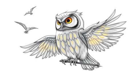 A heartwarming, hand-drawn sketch in the Pixar style depicting a blind owl with luminous, glowing feathers bathed in a soft s