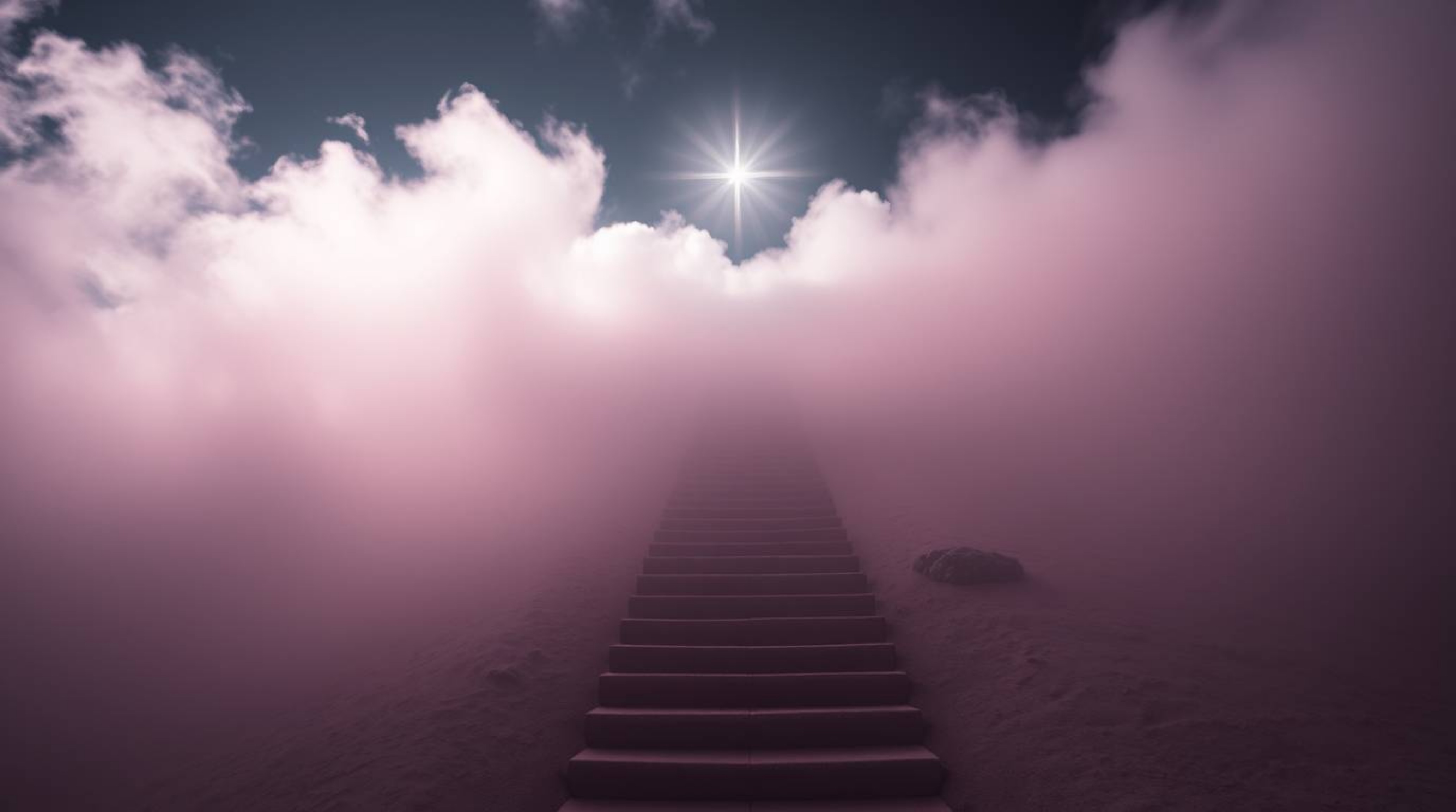 A mesmerizing surreal infrared image depicts a stairway ascending through thick fog towards a radiant celestial light. This c