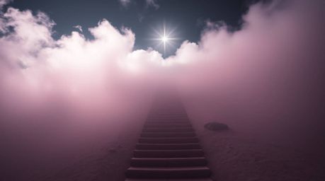 A mesmerizing surreal infrared image depicts a stairway ascending through thick fog towards a radiant celestial light. This c