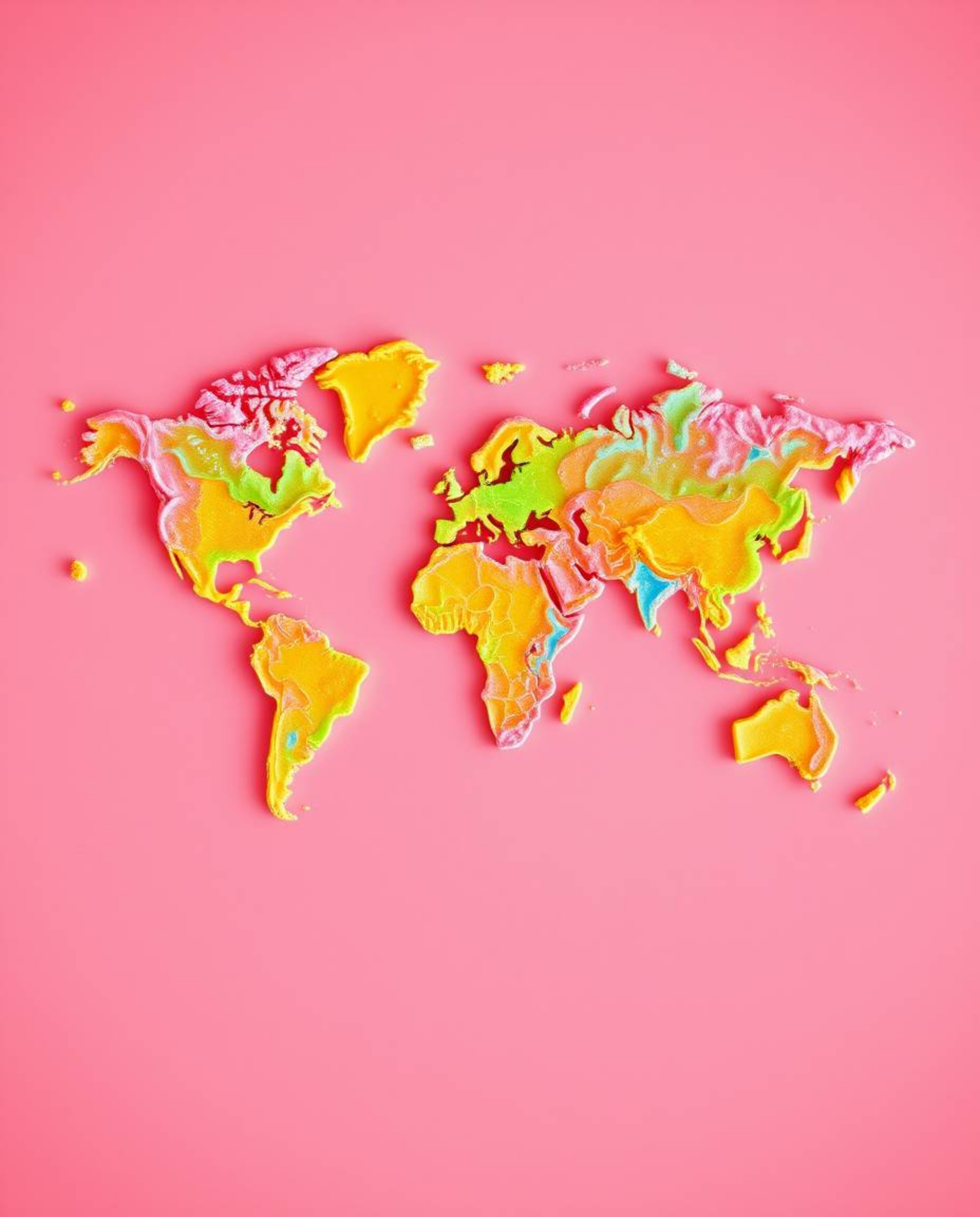 Explore a surreal and adorable world map brought to life with bright, colorful splashes and enchanting infrared tones. This c