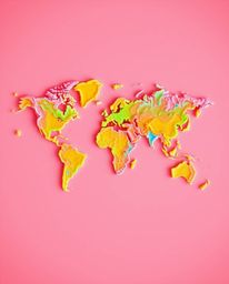 Explore a surreal and adorable world map brought to life with bright, colorful splashes and enchanting infrared tones. This c