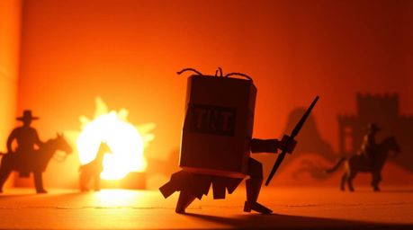 Experience a classic wild west exploding TNT gag reimagined in intricate origami style. This artwork features silhouetted bac