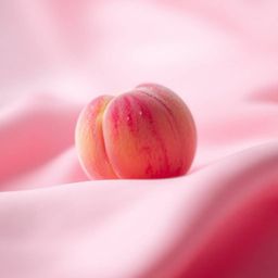 Close-up ASMR aesthetic image showcasing a blushing pink peach resting on silky pastel pink fabric. The image features a deli