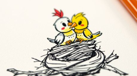 An extreme close-up showcases a hand-drawn sketch of two cartoon birds diligently constructing a nest.  Rendered in a vibrant