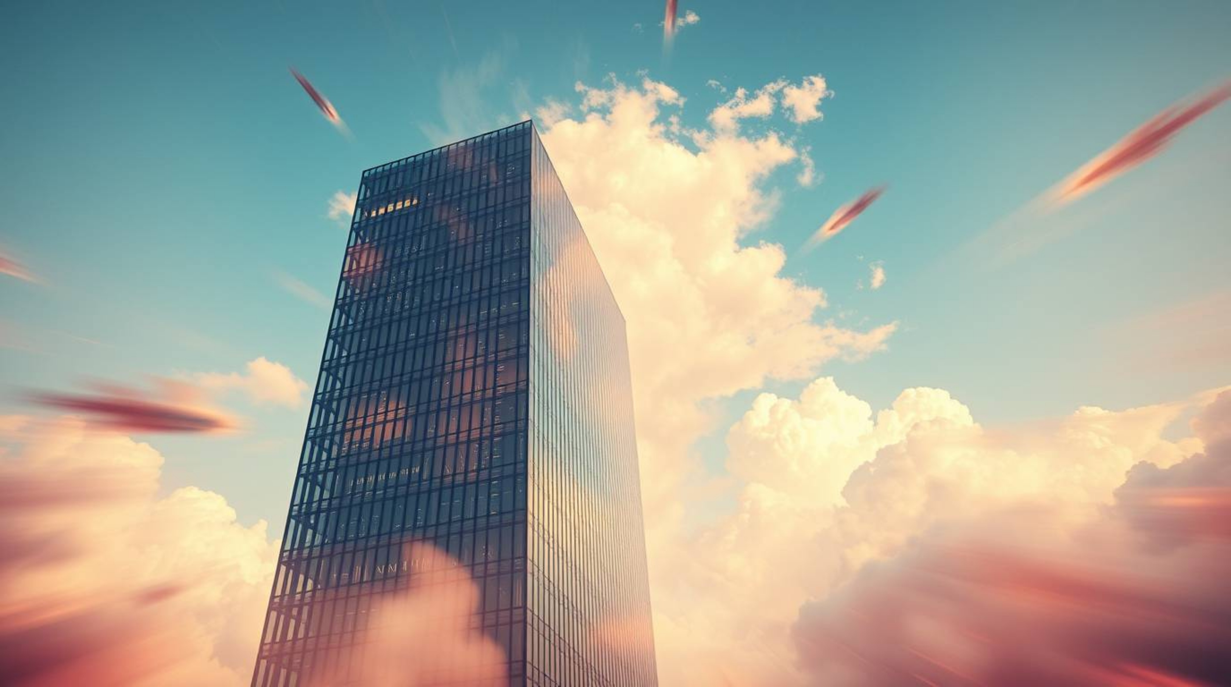 A captivating surreal image depicts a modern glass building seamlessly dissolving into a soft, cloudy sky.  This artwork evok