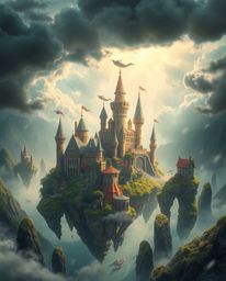 Explore a vibrant kingdom of floating islands and majestic castles, bathed in a soft, dreamy light. Experience the intense d