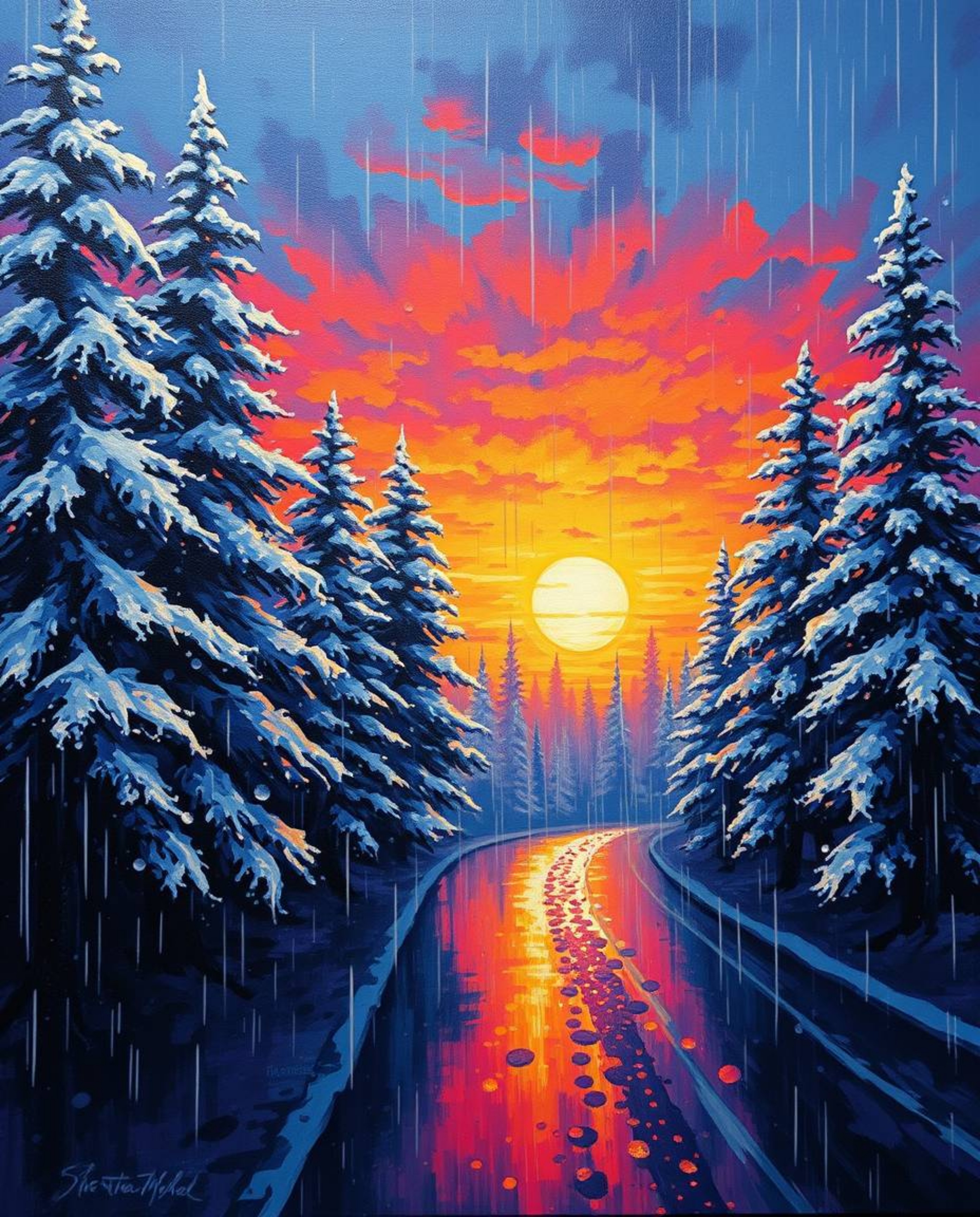 A bold acrylic painting captures a wet, rainy scene where sunset light sparkles on snowy pine trees. The artwork features vib