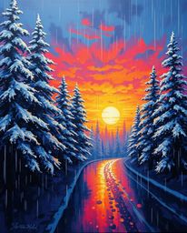 A bold acrylic painting captures a wet, rainy scene where sunset light sparkles on snowy pine trees. The artwork features vib