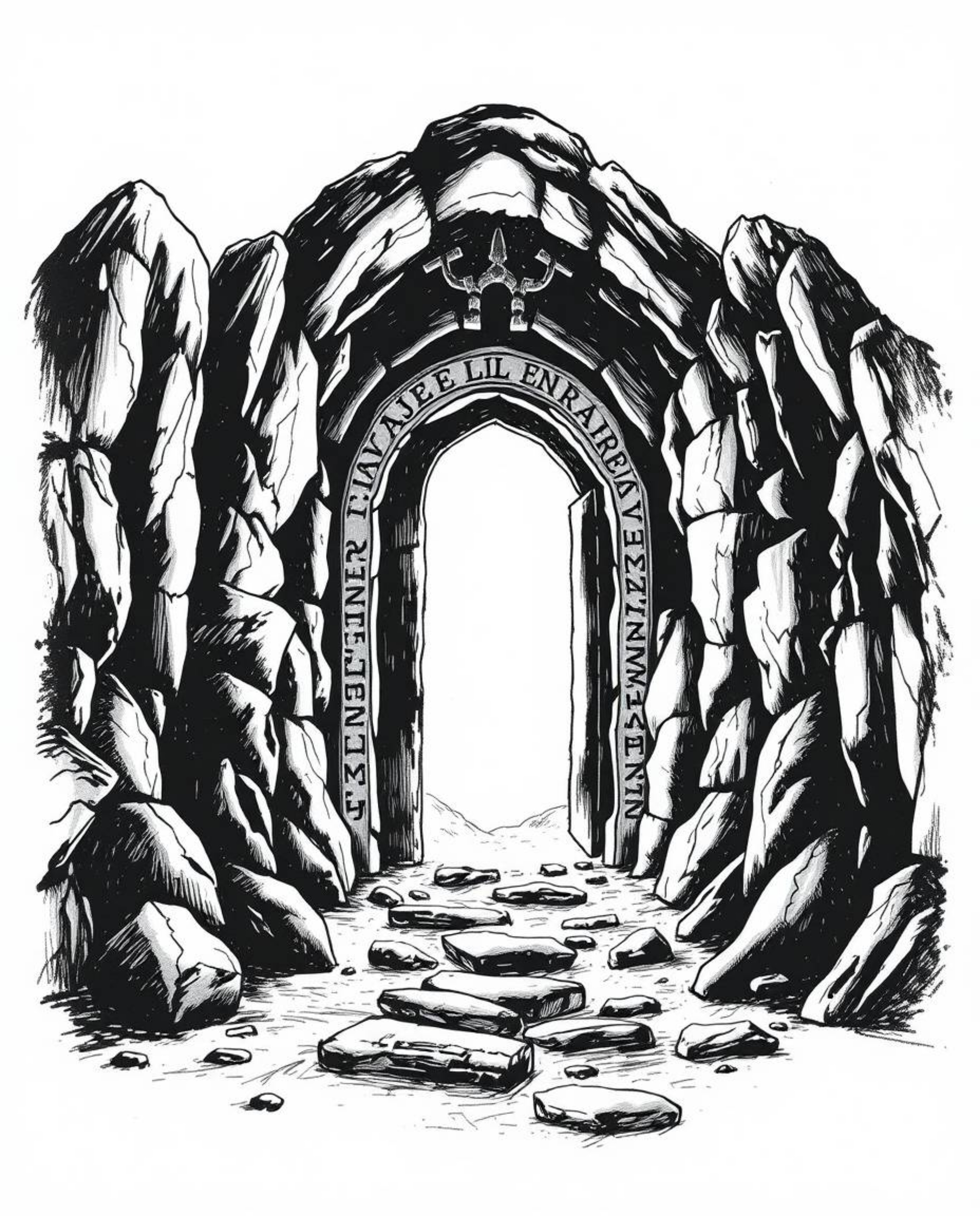 A hand-drawn sketchnote illustration in intense jet black and white depicting an ancient doorway embedded in a mountain, radi