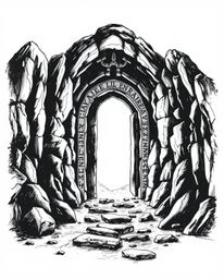 A hand-drawn sketchnote illustration in intense jet black and white depicting an ancient doorway embedded in a mountain, radi