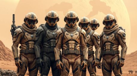 Discover a team of misfit heroes in advanced, earthy-toned technology suits, battling against a backdrop of a muted brown and