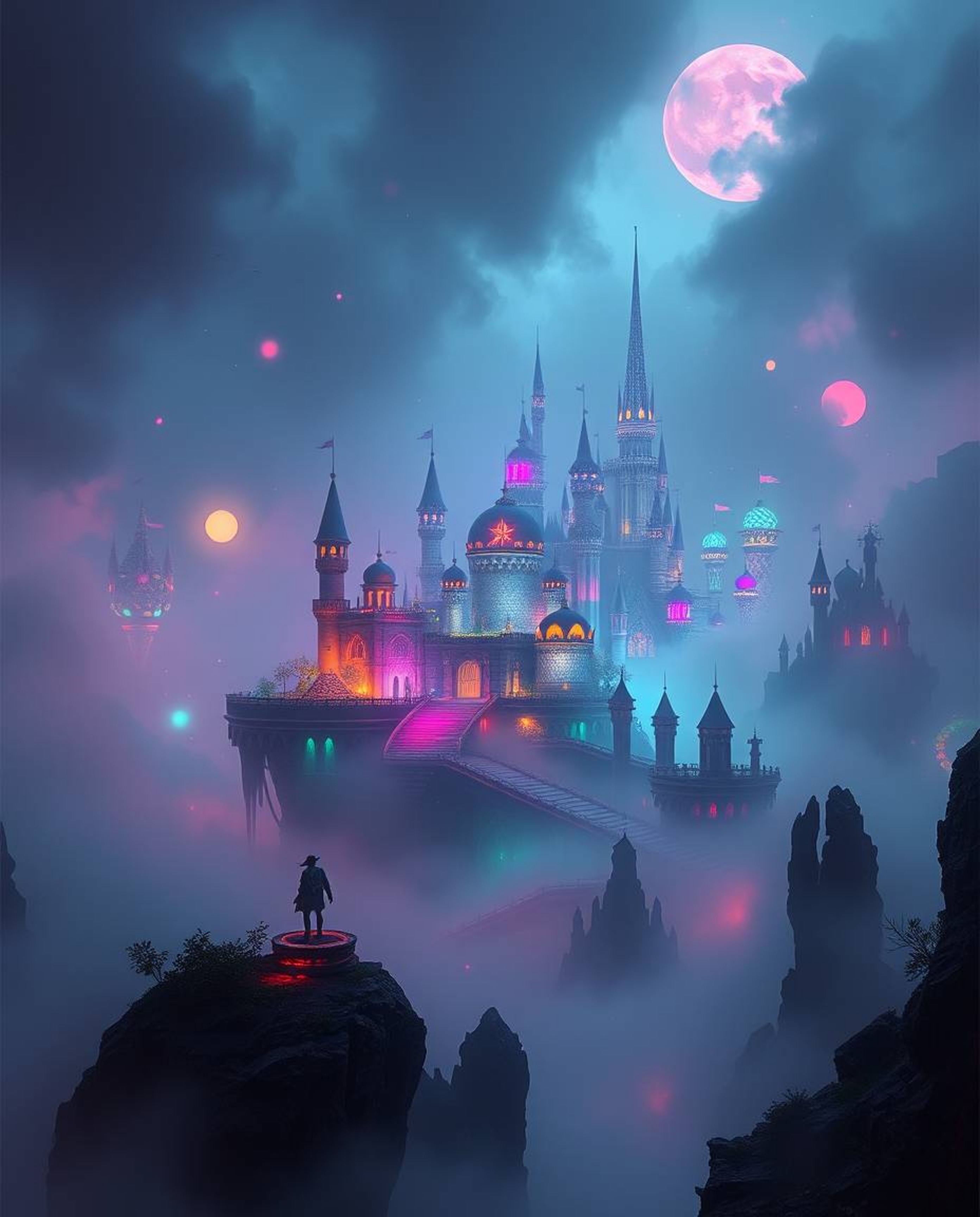 Immerse yourself in an epic, modern future scene depicting a colorful kingdom with floating islands and castles nestled withi