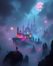 Immerse yourself in an epic, modern future scene depicting a colorful kingdom with floating islands and castles nestled withi