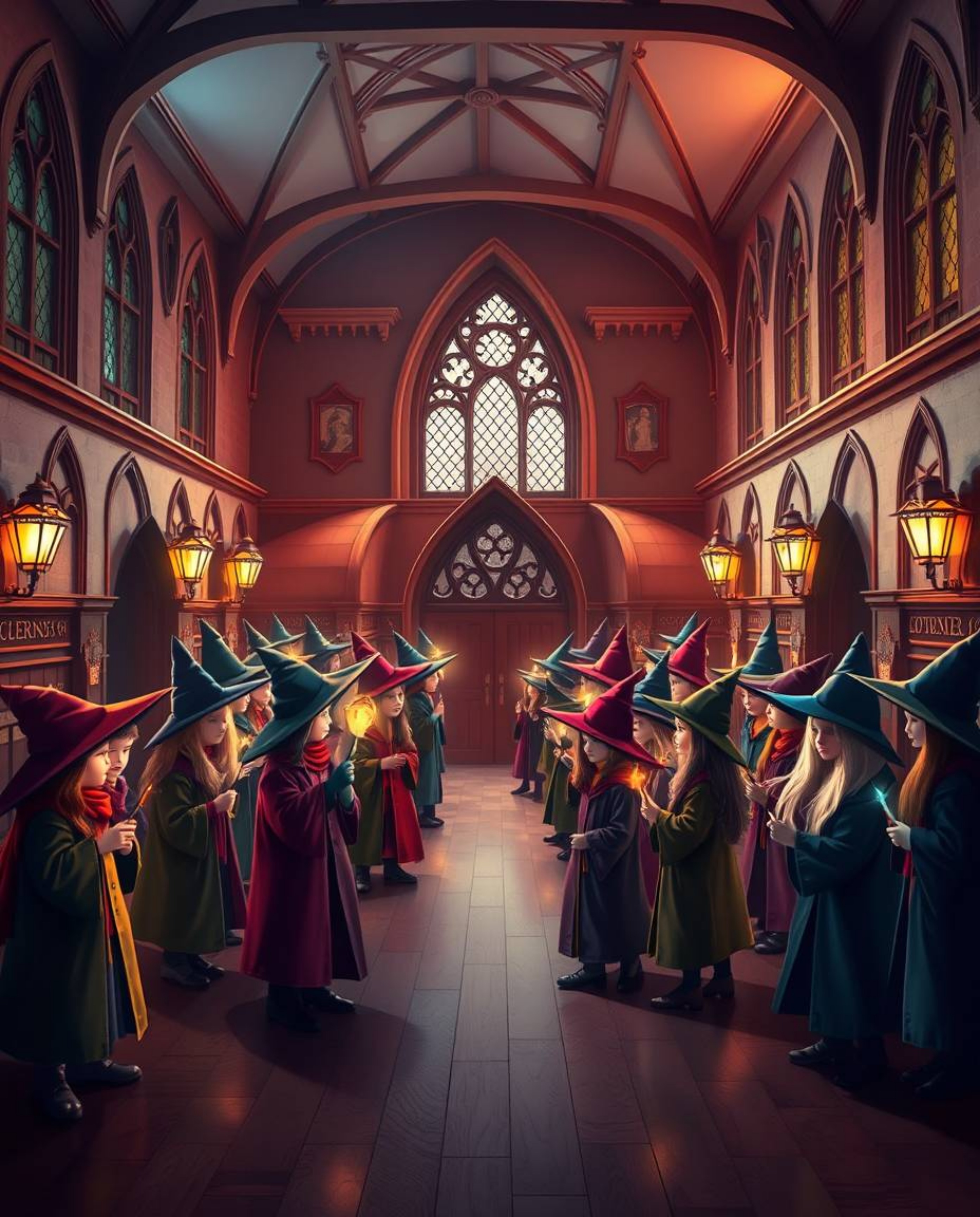 This high-resolution stock photo captures the enchanting atmosphere of a magical school teeming with young wizards. Showcasi