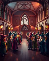 This high-resolution stock photo captures the enchanting atmosphere of a magical school teeming with young wizards.  Showcasi