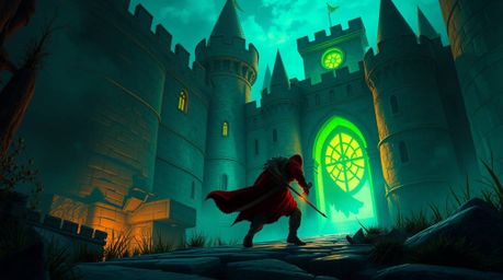 A thief infiltrates a heavily guarded castle, the scene bathed in the ethereal glow of bioluminescent colors. Vibrant, comple