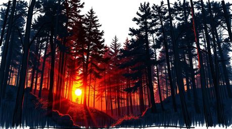 A captivating hand-drawn sketchnote depicts a dramatic cinematic sunset scene within a dense forest.  Harsh shadows and film-