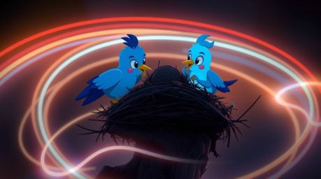 A captivating long exposure photograph showcases two cartoon birds, rendered in a classic animation style, diligently constru