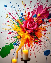 This architectural photograph captures a vibrant explosion of colorful paint splashes across a pristine white canvas. The hig