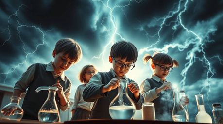 A captivating image depicting a group of quirky children in school uniforms conducting experiments under a dramatically storm