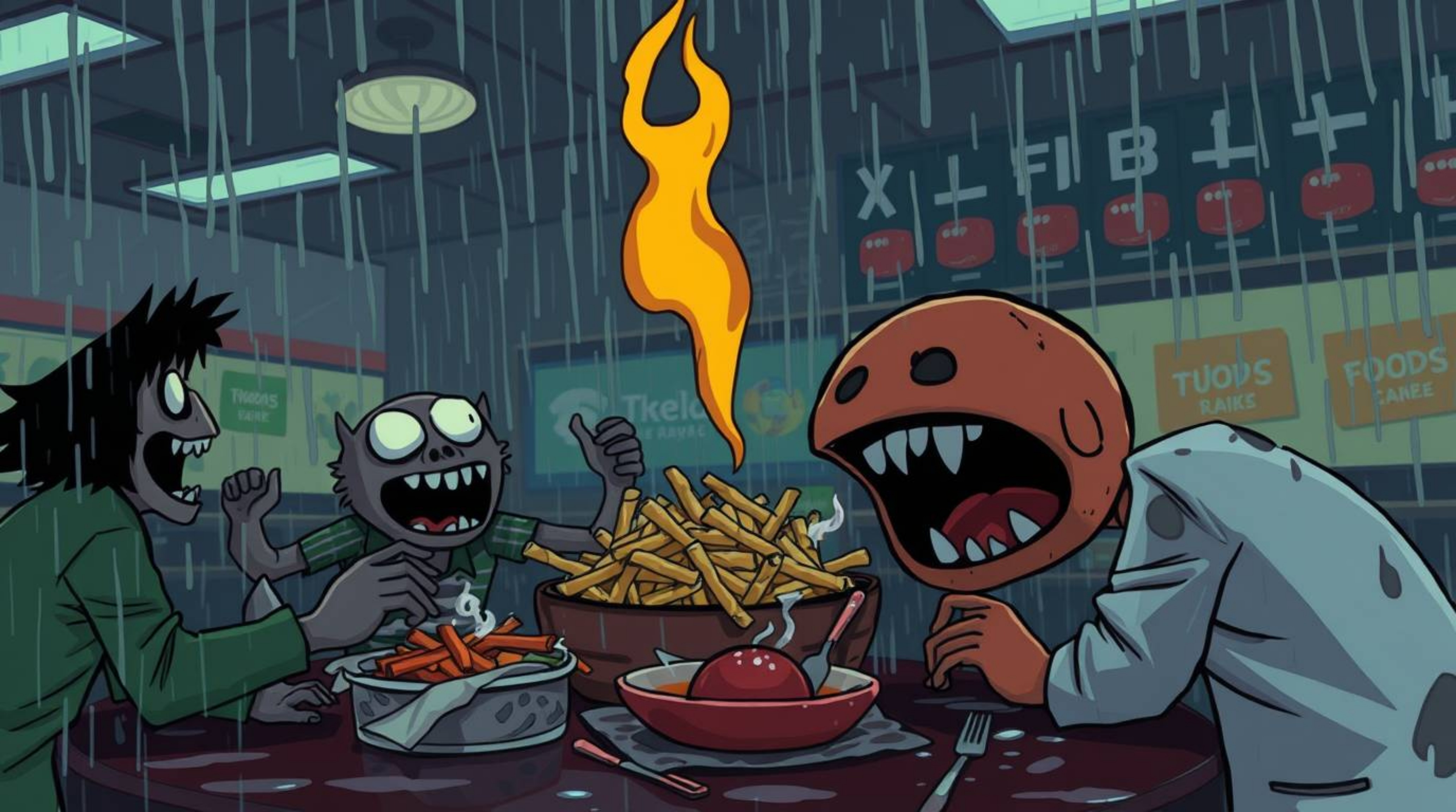 A chaotic and unsettling cartoon food fight unfolds in a cafeteria drenched in a wet, rainy atmosphere.  The eerie, creepy st