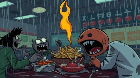 A chaotic and unsettling cartoon food fight unfolds in a cafeteria drenched in a wet, rainy atmosphere.  The eerie, creepy st